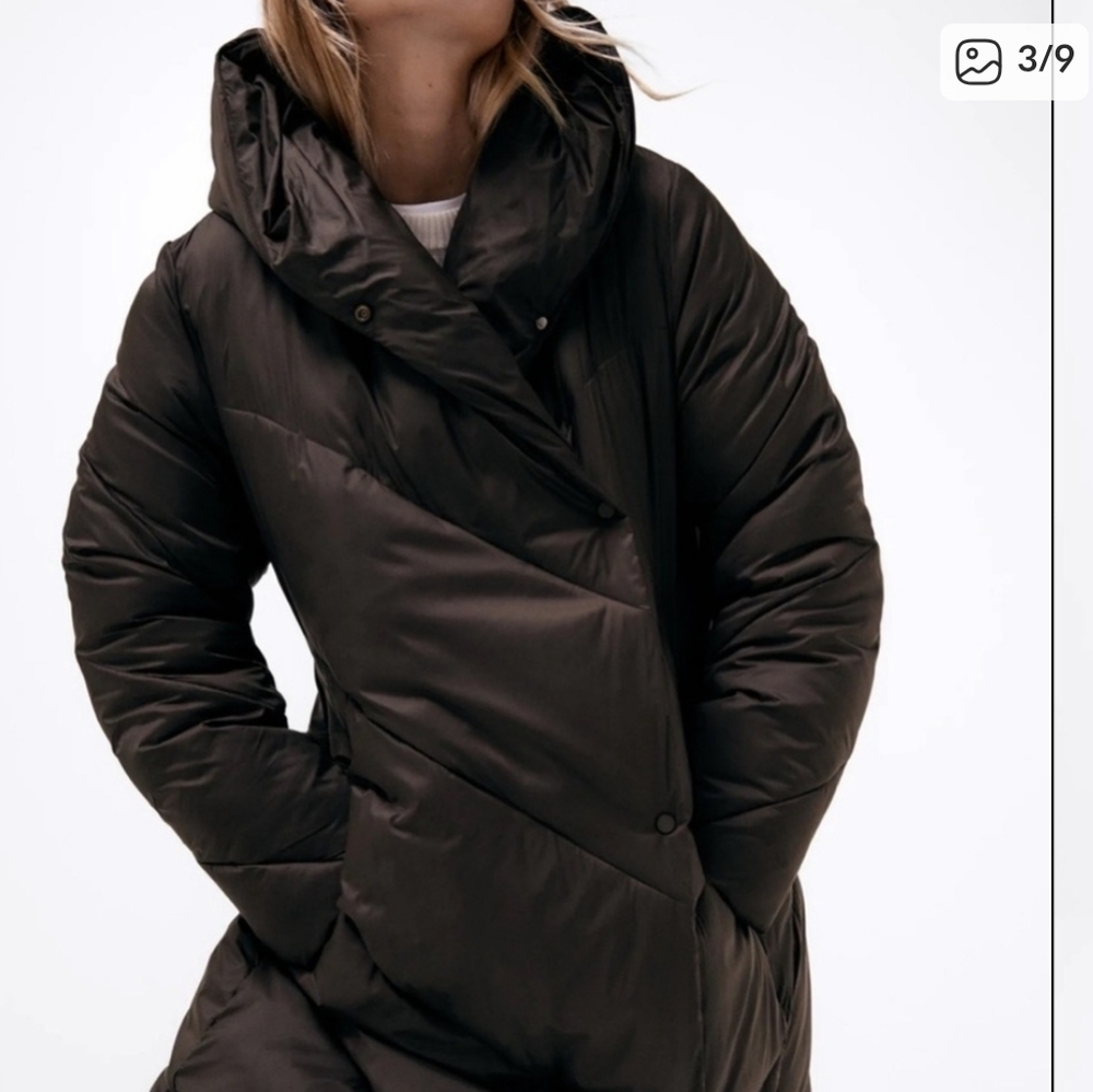Zara Black Water Repellent Hooded Long Double Breasted Puffer Coat